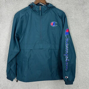 Champion windbreaker‎ mens small blue pullover jacket spellout logo lightweight